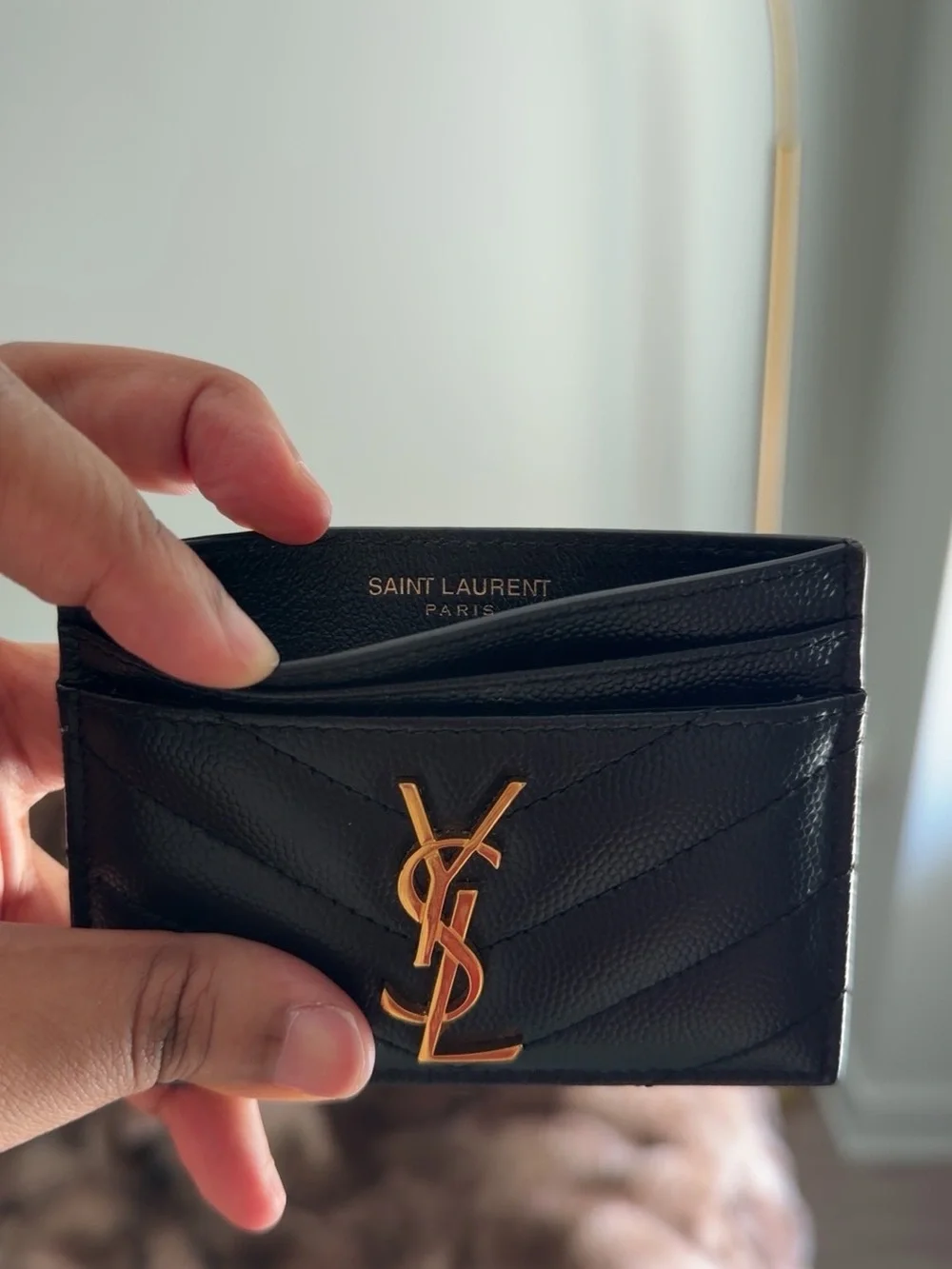 Saint Laurent Black Leather YSL Card Holder with Gold Hardware